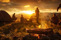 People party camping with BBQ grilling meat bbq outdoors cooking.