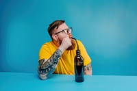 Teenage man straw bottle tattoo portrait drinking.