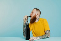 Teenage man straw bottle tattoo portrait yellow.