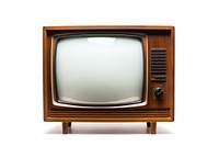 Vintage television with cut out screen white background broadcasting architecture.