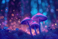 Glowing mushroom lamps with fireflies in magical forest purple outdoors glowing.