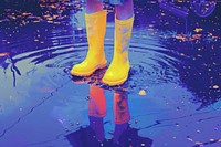 Feet of child in yellow rubber boots jumping over puddle in rain footwear outdoors purple.