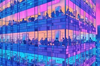Outside view of office building many window with business people working inside architecture purple blue.