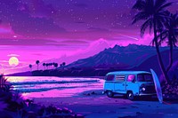 Surfing van and surfboard at the beach with mountains landscape purple outdoors vehicle.