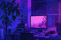 Work place furniture computer purple.
