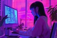 The programmer girl works at the computer purple adult illuminated.