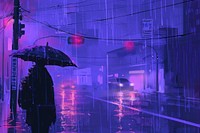Traveler in heavy rain purple light city.