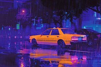 Yellow car is parked at asphalt road in the city center in the rain vehicle yellow purple.