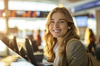 Businesswoman check-in at counter in airport smiling smile adult.