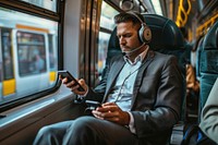 Businessman sitting on a train headphones vehicle headset.