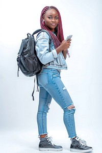 Attractive young african woman carrying backpack standing footwear portrait jeans.