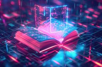 Abstract background with neon book icon technology illuminated publication.