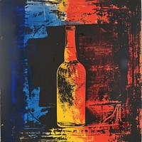 Silkscreen of a alcohol bottle art painting yellow.
