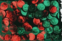 Silkscreen of bag of coins backgrounds green art.