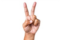Hand raising 2 fingers white background gesturing pointing.