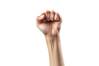 Hand raising fist with a hand raising 5 fingers white background gesturing success.