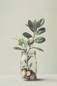 Glass jar filled with coins and a plant herb medication currency.