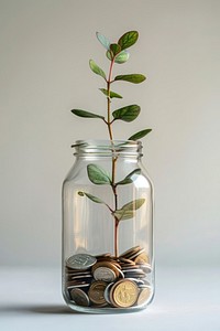 Glass jar filled with coins and a plant investment container flowerpot.