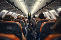 The rows and seats of an airplane full of people vehicle adult transportation.