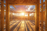 Under construction wooden timber framing sky sun architecture.
