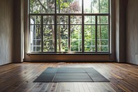 Yoga room flooring window hardwood.