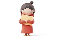 Woman hugging an envelope cute toy white background.