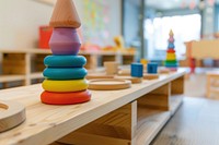 Toys and educational equipment in a childcare center medication furniture tabletop.