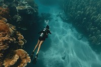 Free diver girl on coral reef underwater outdoors accessories.