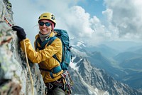 Extream woman Climber outdoors backpacking clothing.