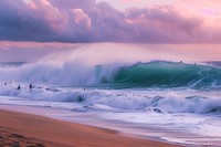Surfers watch big breaking waves from beach after sunset outdoors landscape panoramic.