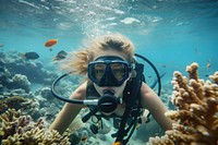 Scuba diver girl underwater outdoors reef.