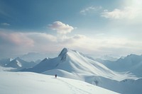 Lone man skiing mountain landscape outdoors.
