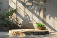 Wood podium with tropical leaves architecture furniture tabletop.