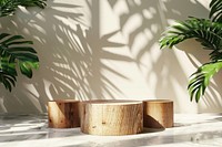 Wood podium with tropical leaves cookware indoors planter.