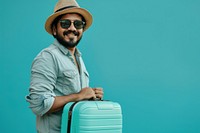 Happy Indian man going on holiday trip happy baggage luggage.