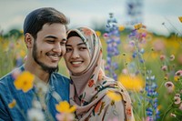 Middle East joyful couple flower bridegroom outdoors.