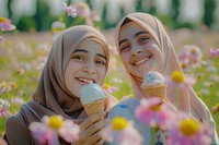 Middle eastern teen girl cream clothing dessert.