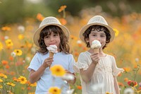 Middle eastern little boy and girl cream ice cream dessert.