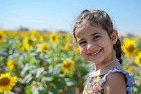 Middle eastern little girl sunflower summer photo.