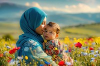 Middle eastern mother and bay flower photo field.