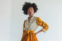 Retro charm in a mustard yellow corduroy skirt blouse photo photography.