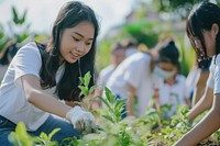 Volunteering wearing blank white mockup gardening outdoors clothing.