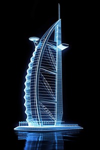 Glowing wireframe of burj al arab in dubai architecture building landmark.