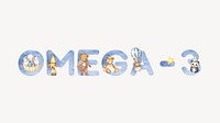 Omega-3 word in blue watercolor alphabet illustration