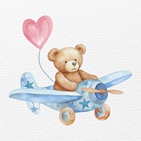 Flying bear on plane watercolor animal character illustration