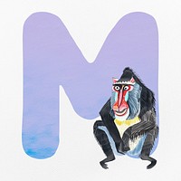 Purple letter M with animal character illustration