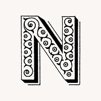 Letter N in classic medieval art illustration