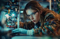 Female engineer working on an electric circuit glasses glove lab.