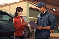 Mechanic in overalls is holding a clipboard and showing it to the customer car transportation advertisement.