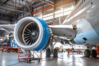 Airplane engine being repaired in a hangar aircraft person transportation.